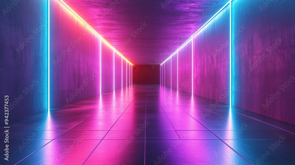A futuristic and illuminated design is showcased in an abstract neon grid tunnel. A futuristic and illuminated design is showcased in an abstract neon grid tunnel.