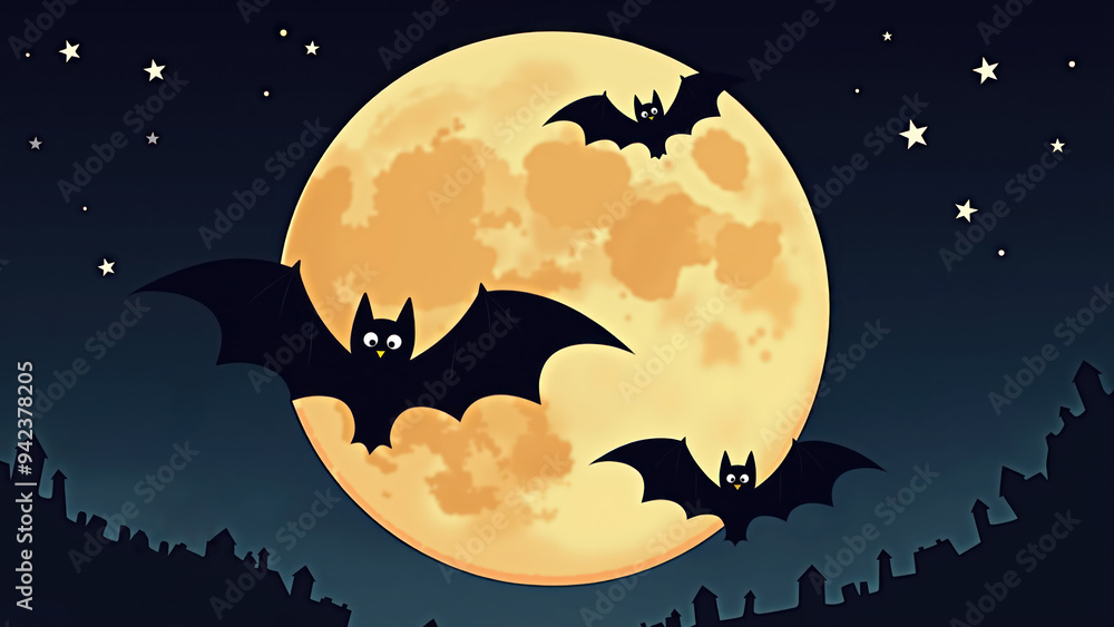 Cartoon bats flying in front of a full moon on Halloween Cartoon bats flying in front of a full moon on Halloween