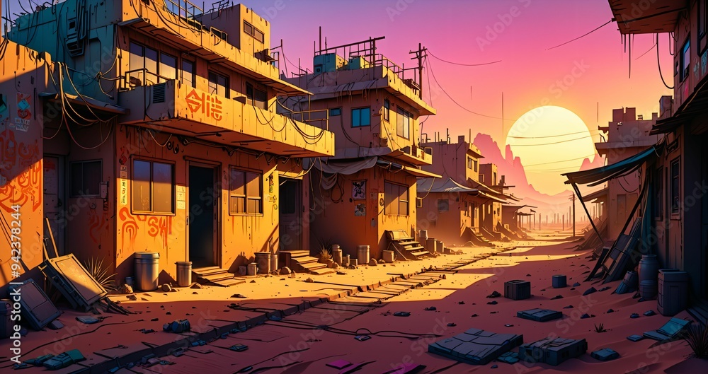 Obraz premium cyberpunk town city wasteland in the desert at sunset. futuristic dystopian sci fi buildings in oasis sahara ghetto slum outpost with sandy road canyon rocks in horizon.