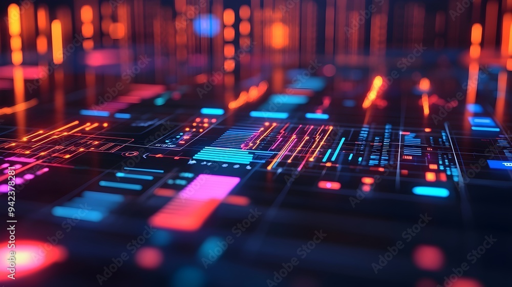 Abstract Tech Background, Neon Lights, Digital Interface Abstract Tech Background, Neon Lights, Digital Interface