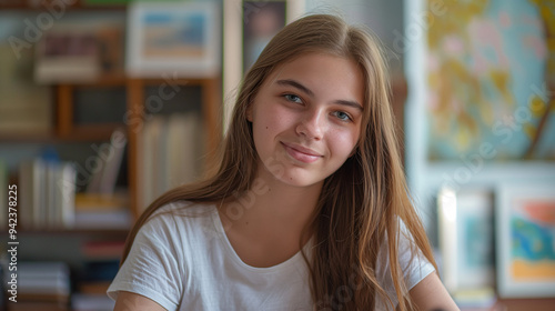 A relaxed teenage girl with a gentle smile, sitting in a cozy, well-lit room surrounded by books and art