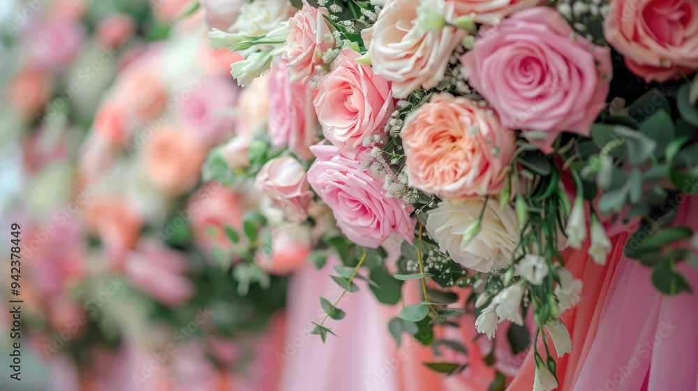 A Close-Up of Pink Roses and White Flowers with Green Leaves A Close-Up of Pink Roses and White Flowers with Green Leaves