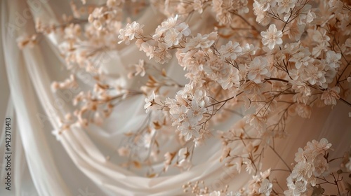 Delicate White Flowers on Branch with Soft Blurred Background