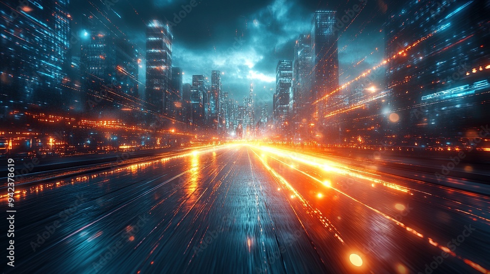 Advanced broadband and high-speed global data transfer feature in a futuristic tech city at night in an abstract representation. Advanced broadband and high-speed global data transfer feature in a futuristic tech city at night in an abstract representation.