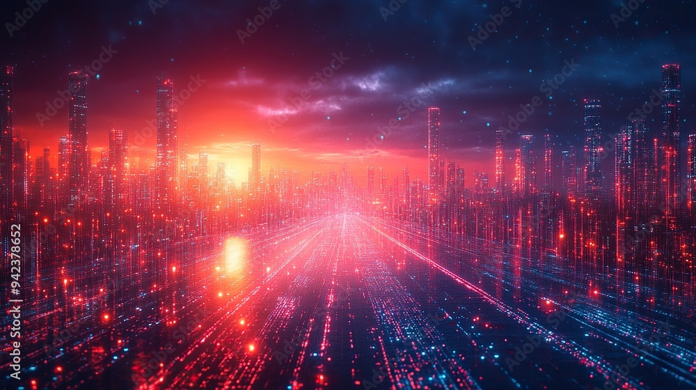 Advanced broadband and high-speed global data transfer feature in a futuristic tech city at night in an abstract representation. Advanced broadband and high-speed global data transfer feature in a futuristic tech city at night in an abstract representation.