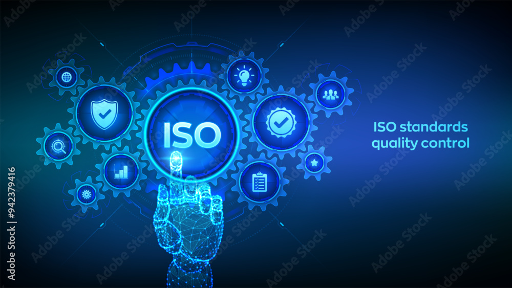 ISO standards quality control, assurance warranty business technology concept on virtual screen. Wireframe hand touching digital interface with connected gears cogs and icons. Vector illustration. ISO standards quality control, assurance warranty business technology concept on virtual screen. Wireframe hand touching digital interface with connected gears cogs and icons. Vector illustration.