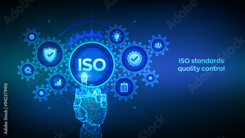 ISO standards quality control, assurance warranty business technology concept on virtual screen. Wireframe hand touching digital interface with connected gears cogs and icons. Vector illustration.