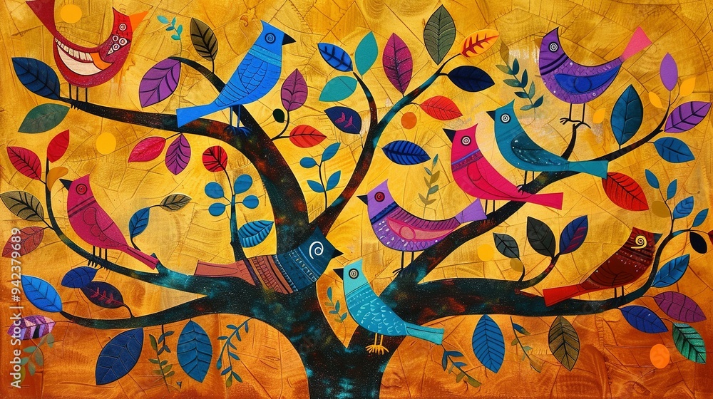 A Colorful Tree with Birds and Leaves A Colorful Tree with Birds and Leaves