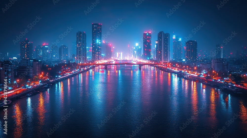 Obraz premium Nighttime smart city abstract with river bridges and advanced telecoms.