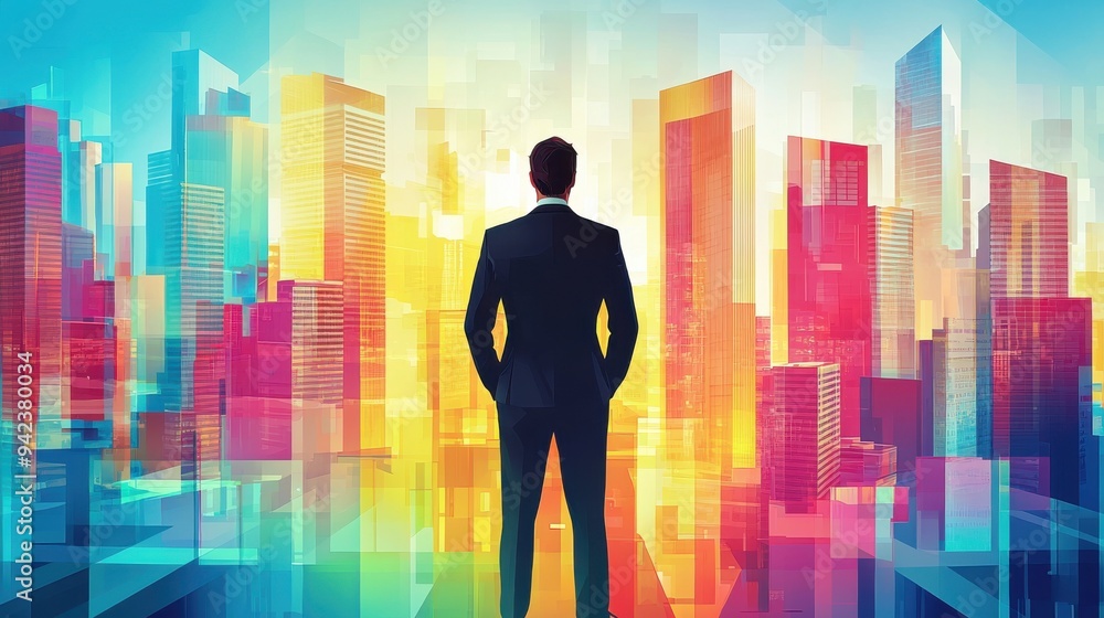A businessman stands confidently overlooking a vibrant cityscape filled with colorful skyscrapers, symbolizing ambition and success. A businessman stands confidently overlooking a vibrant cityscape filled with colorful skyscrapers, symbolizing ambition and success.