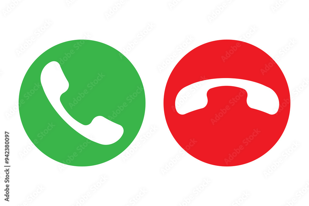 Phone call icon. Red and green circles. Incoming and outgoing symbols. Simple communication graphic. Phone call icon. Red and green circles. Incoming and outgoing symbols. Simple communication graphic.