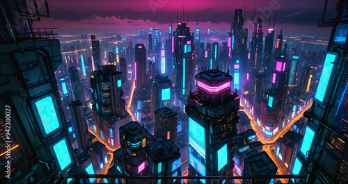 high rise skyscraper tower penthouse loft in cyberpunk futuristic sci fi city urban metropolis at night. view from tall building balcony patio terrace overlook of cityscape with neon cyber tech lights