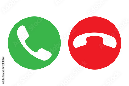 Phone call icon. Red and green circles. Incoming and outgoing symbols. Simple communication graphic.
