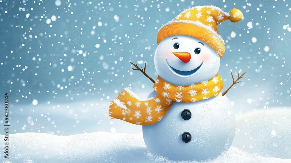 A cheerful snowman wearing a bright orange hat and scarf stands amidst falling snow, capturing the joy of winter. Perfect for seasonal themes. A cheerful snowman wearing a bright orange hat and scarf stands amidst falling snow, capturing the joy of winter. Perfect for seasonal themes.