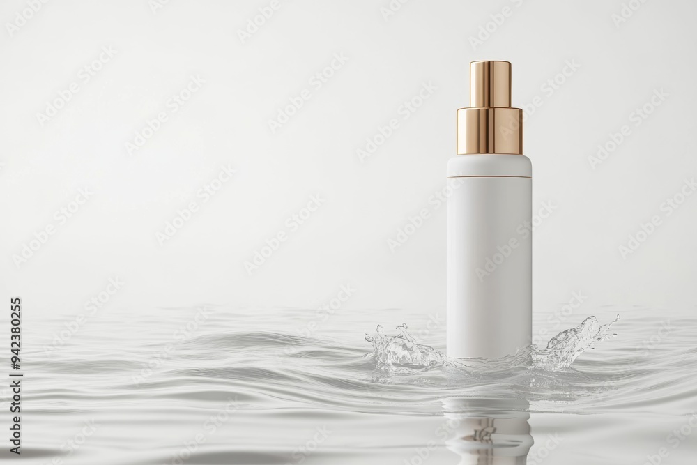 Elegant skincare bottle emerging from tranquil water, radiating luxury and purity in a serene setting. Generative AI Elegant skincare bottle emerging from tranquil water, radiating luxury and purity in a serene setting. Generative AI