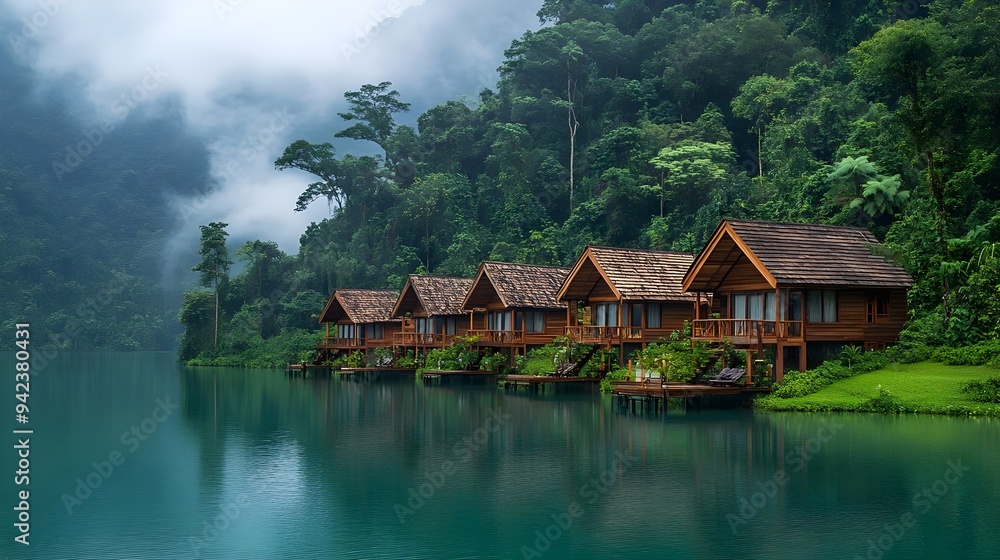 Tranquil Lake Houses with Misty Forest Background Tranquil Lake Houses with Misty Forest Background