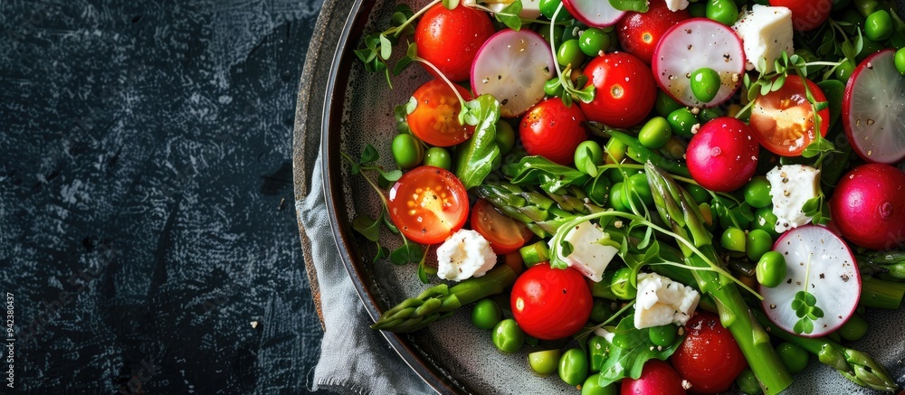 Vegetable Salad Of Asparagus Fresh Radishes Cherry Tomatoes Green Peas And Goat Cheese Close Up In A Plate On The Table Horizontal Top View From Above x000D Vegetable Salad Of Asparagus Fresh Radishes Cherry Tomatoes Green Peas And Goat Cheese Close Up In A Plate On The Table Horizontal Top View From Above x000D