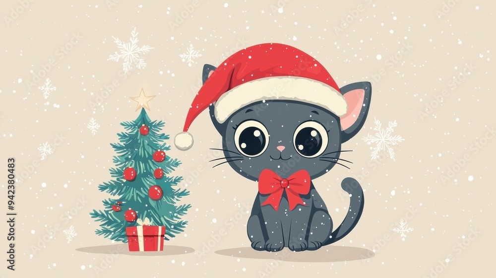 A cute black cat in a festive hat sits beside a decorated Christmas tree, spreading holiday cheer and joy. A cute black cat in a festive hat sits beside a decorated Christmas tree, spreading holiday cheer and joy.