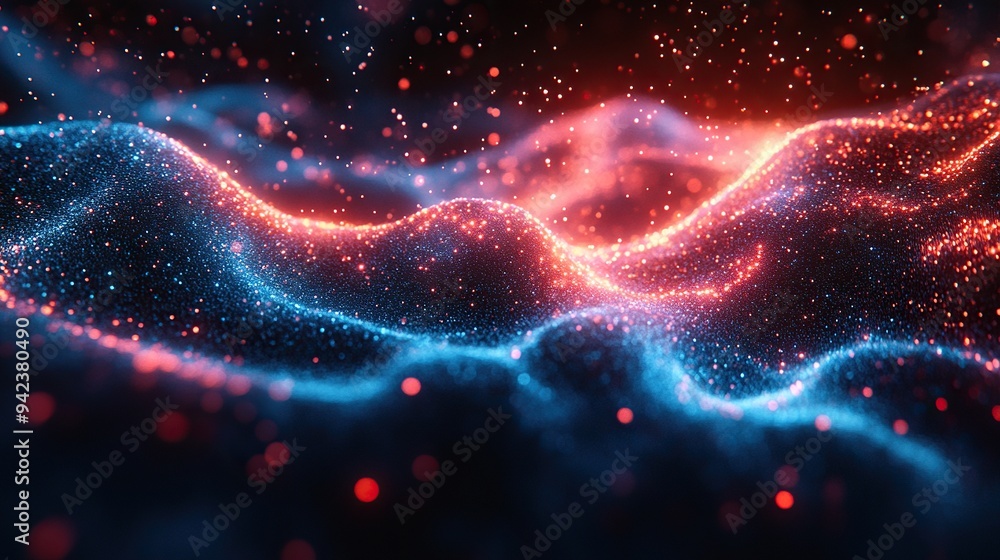 Fototapeta premium Explosive digital particles form a quantum core in this AI-focused tech abstract.