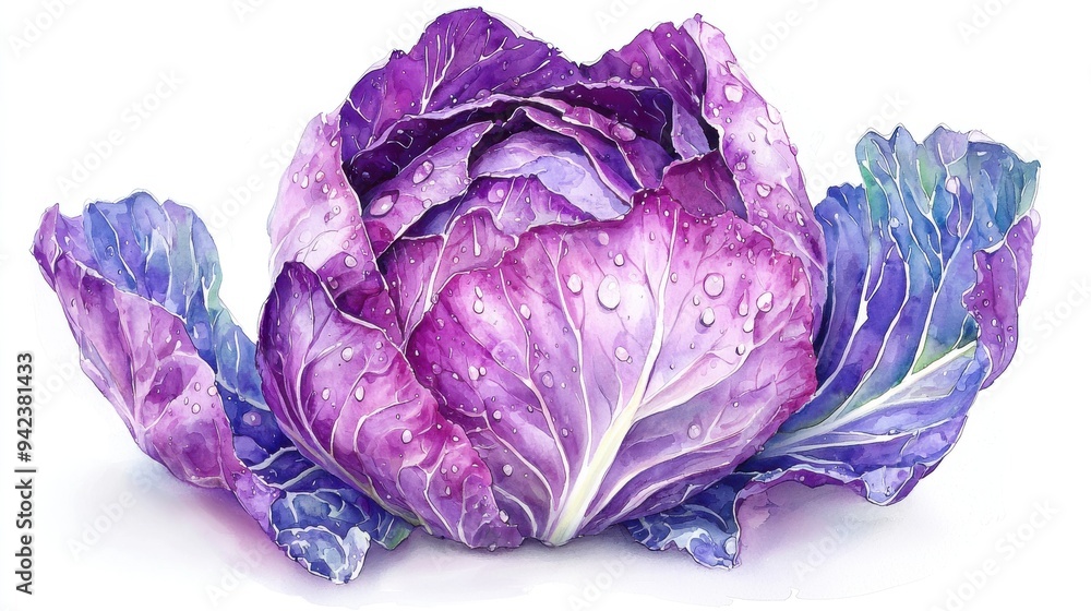 Obraz premium A vibrant purple cabbage with glistening dew droplets on its leaves, showcasing nature's beauty in fresh produce.