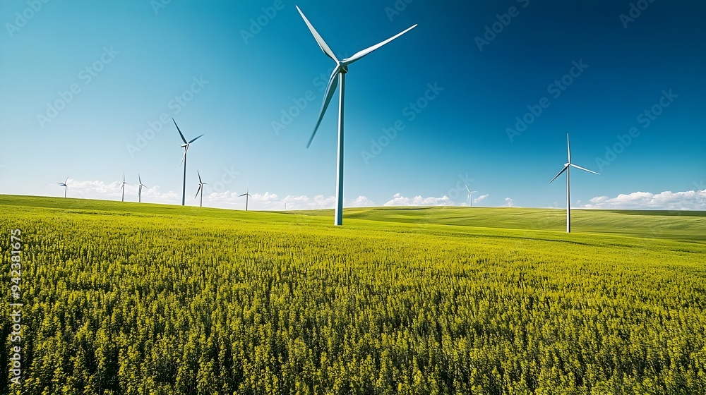 Wind Turbines Green Field Blue Sky Renewable Energy Wind Turbines Green Field Blue Sky Renewable Energy