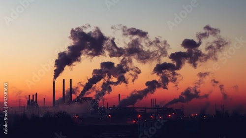 An industrial landscape at sunrise reveals factories silhouetted against the sky, with smoke billowing from chimneys, showcasing the stark contrast between power and pollution.