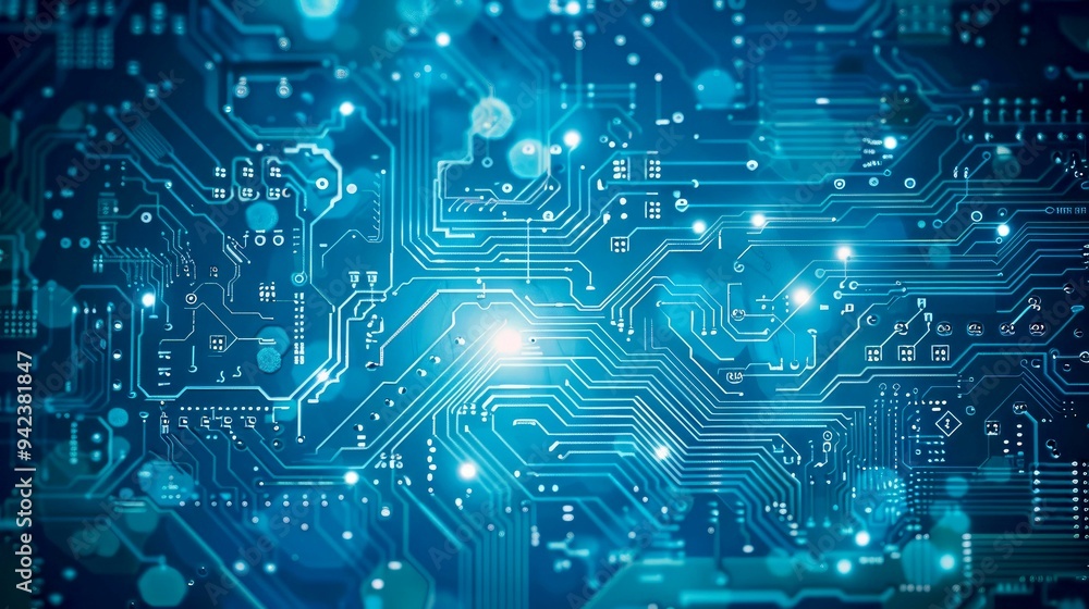 Close-up of a Blue Circuit Board with Glowing Lights Close-up of a Blue Circuit Board with Glowing Lights