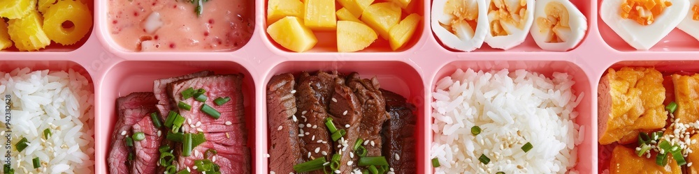 Pink lunchbox filled with rice, corned beef, and pancakes Pink lunchbox filled with rice, corned beef, and pancakes