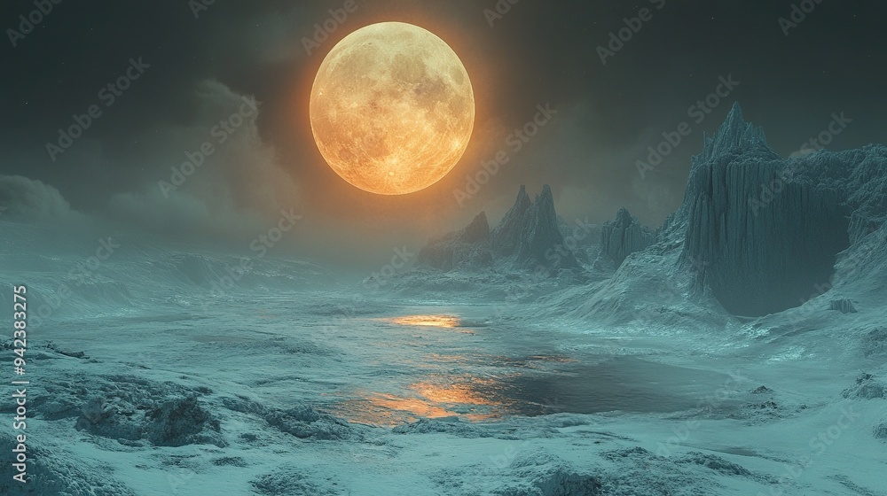 Fototapeta premium A massive moon casts its glow on an alien landscape.
