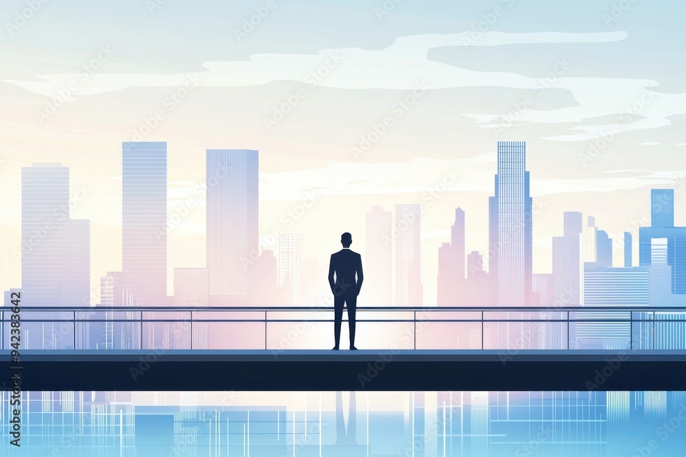 Silhouette of a businessman overlooking a modern city skyline at dawn, symbolizing ambition and new beginnings. Silhouette of a businessman overlooking a modern city skyline at dawn, symbolizing ambition and new beginnings.