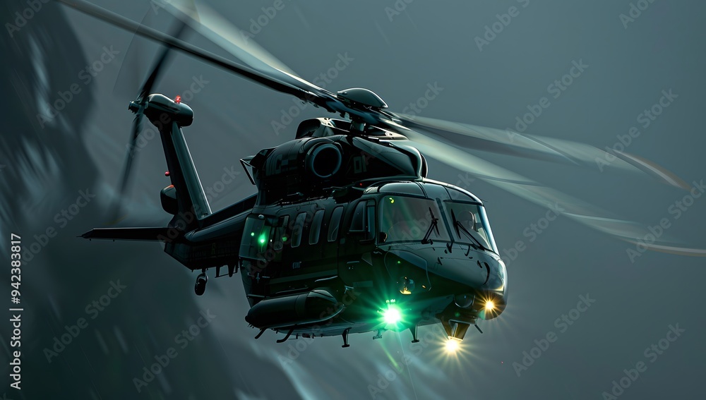 Photo of Blackbound army helicopter flying in the sky, green light on bottom right side and left front, over London, black background, Photo of Blackbound army helicopter flying in the sky, green light on bottom right side and left front, over London, black background,