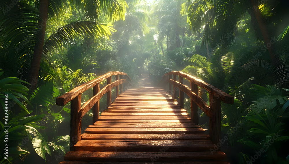 Fototapeta premium A serene wooden bridge surrounded by lush green foliage in a misty tropical forest, inviting exploration and tranquility.