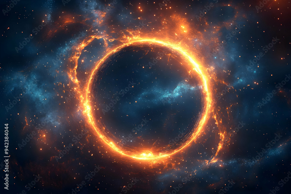 A stunning cosmic scene featuring a glowing fiery ring amidst a deep space backdrop of swirling stars and vibrant nebulae. A stunning cosmic scene featuring a glowing fiery ring amidst a deep space backdrop of swirling stars and vibrant nebulae.