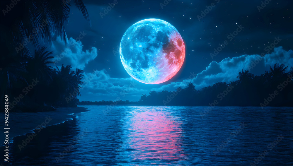 A stunning night scene featuring a vibrant moon reflecting on tranquil water, surrounded by lush landscapes and a starry sky. A stunning night scene featuring a vibrant moon reflecting on tranquil water, surrounded by lush landscapes and a starry sky.