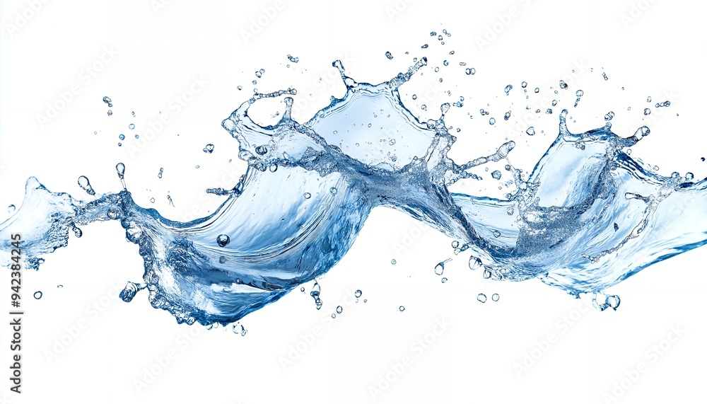 Splashing water creating dynamic waves against a white background. Splashing water creating dynamic waves against a white background.