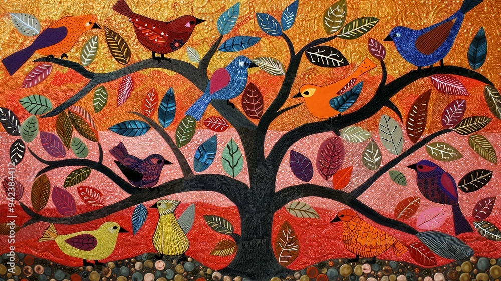 Colorful Birds Perched on a Tree with a Red, Orange, and Brown Background Colorful Birds Perched on a Tree with a Red, Orange, and Brown Background