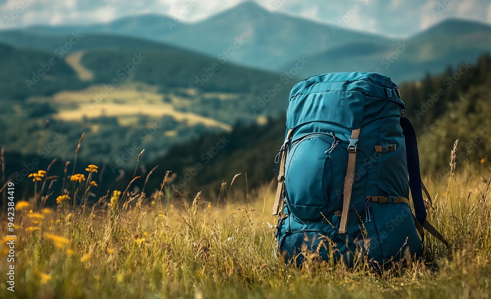 A vibrant blue backpack resting on grassy terrain with scenic mountains in the background, ideal for adventure travel. A vibrant blue backpack resting on grassy terrain with scenic mountains in the background, ideal for adventure travel.