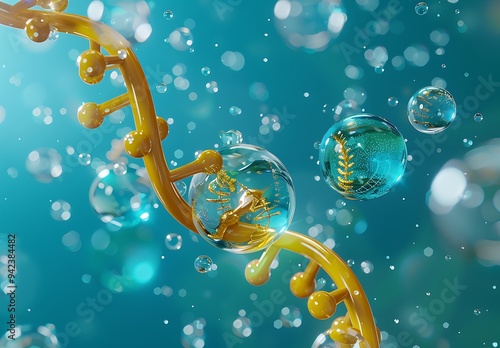 3D render of a minimalistic blue background with a double helix and two spheres: one yellow, the second cyan with a gold metallic structure inside it.  photo