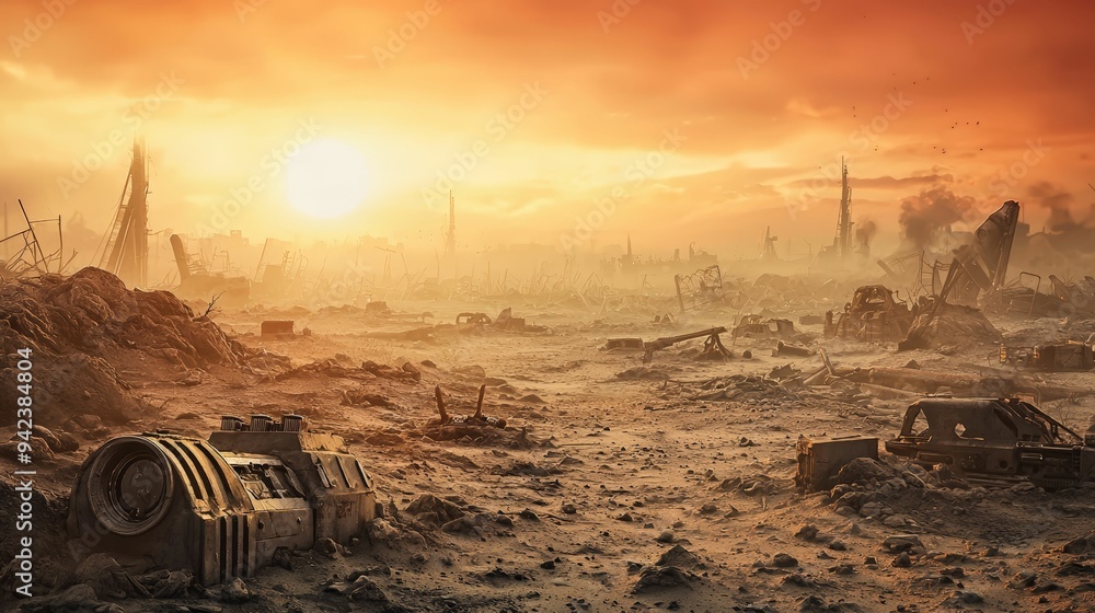 Obraz premium A post-apocalyptic desert wasteland at sunset, scattered with ruins, debris, and abandoned machinery, under a dramatic orange sky.