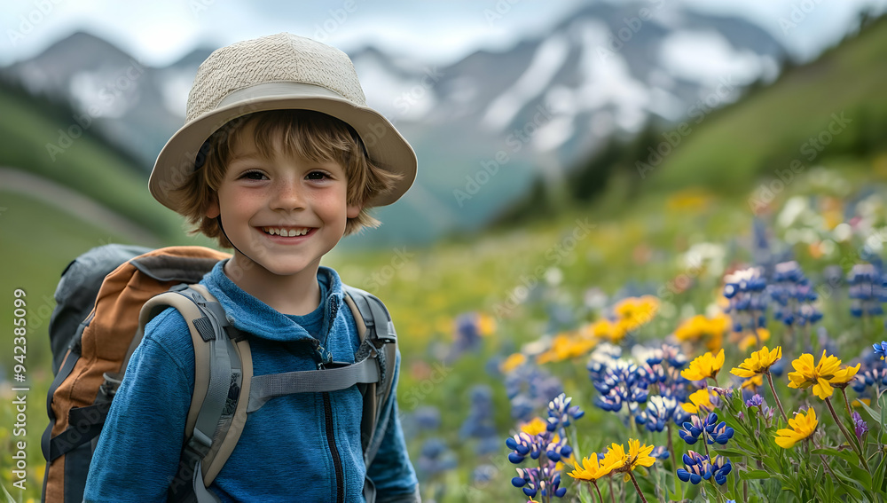 Cheerful boy enjoying nature in a vibrant mountain meadow filled with wildflowers, wearing a hat and backpack. Cheerful boy enjoying nature in a vibrant mountain meadow filled with wildflowers, wearing a hat and backpack.