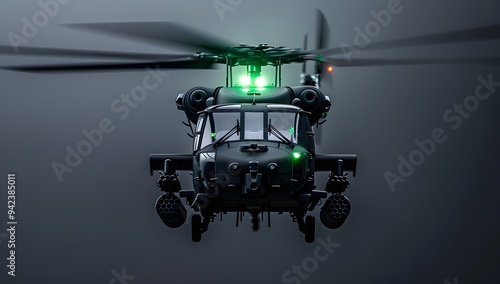 Photo of black halo helicopter, grey background, green lights on the front,  photo