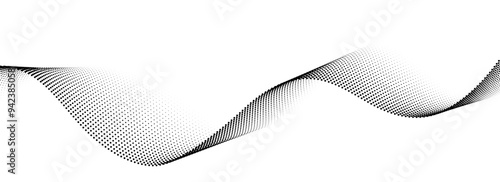 Dotted wave line background. Black halftone undulate pattern. Curve dashed gradient design element for poser, banner, presentation, booklet. Abstract flowing particle dot line wallpaper. Vector