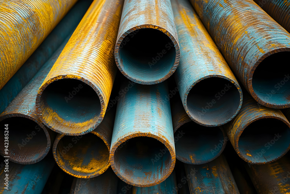 Close-up of rusted and weathered steel pipes stacked together, showcasing their texture and color variations in industrial setting. Close-up of rusted and weathered steel pipes stacked together, showcasing their texture and color variations in industrial setting.