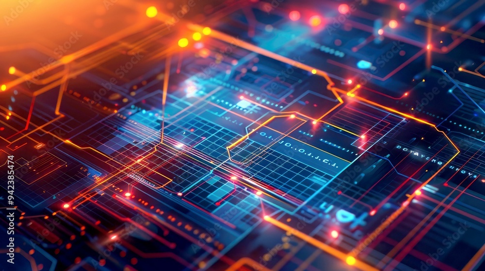 Abstract digital circuit board with glowing lines and lights Abstract digital circuit board with glowing lines and lights