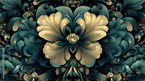 Abstract Teal and Gold Floral Pattern