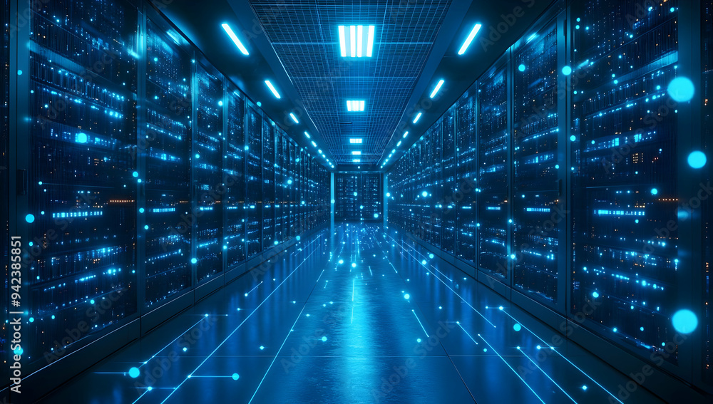 Futuristic data center with glowing servers in a high-tech network environment, showcasing digital connectivity and innovation. Futuristic data center with glowing servers in a high-tech network environment, showcasing digital connectivity and innovation.