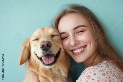 Girl hugging a happy golden retriever on a blue background