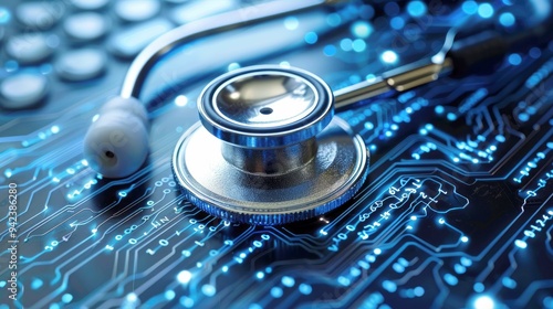 Stethoscope on a Blue Circuit Board Representing Digital Healthcare