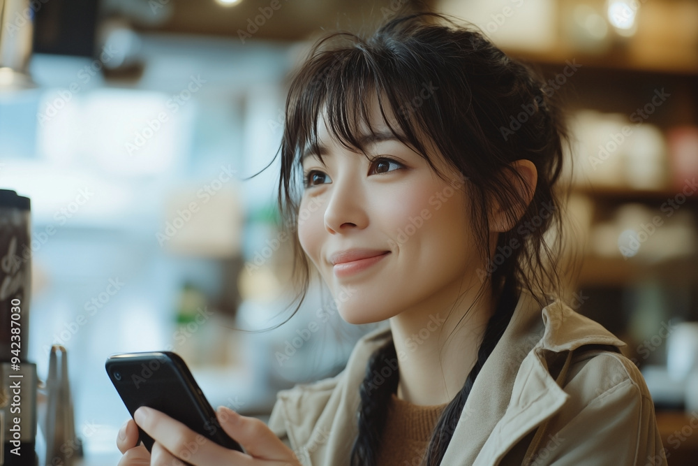 カフェでスマートフォンを使う女性 カフェでスマートフォンを使う女性