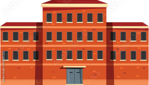 Illustration of a classic brick prison building with many barred windows